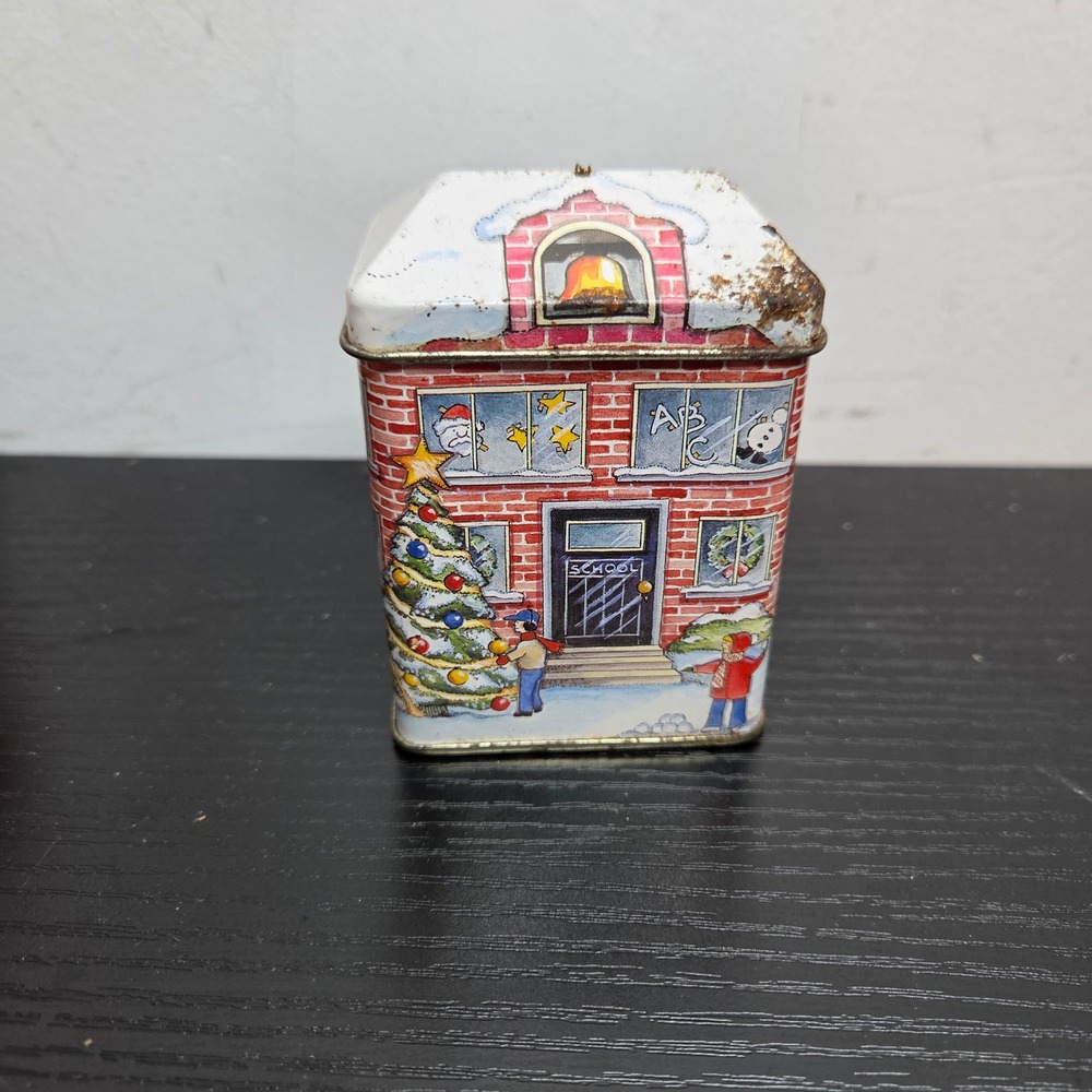 Vintage Christmas Schoolhouse Metal Tin Decorative Holiday Storage Container